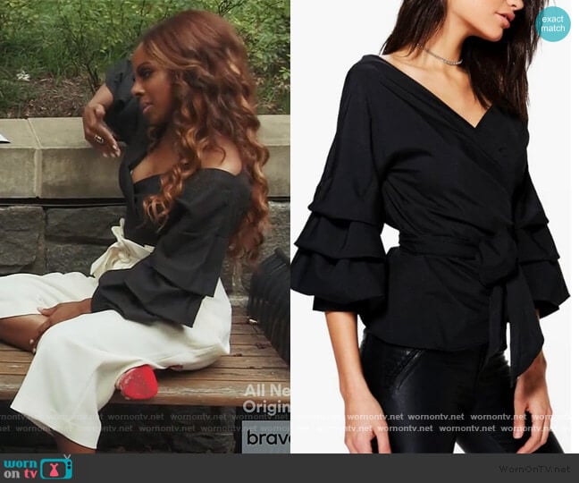 Ruffle Tiered Sleeve Wrap Top by Boohoo worn by Candiace Dillard Bassett on The Real Housewives of Potomac