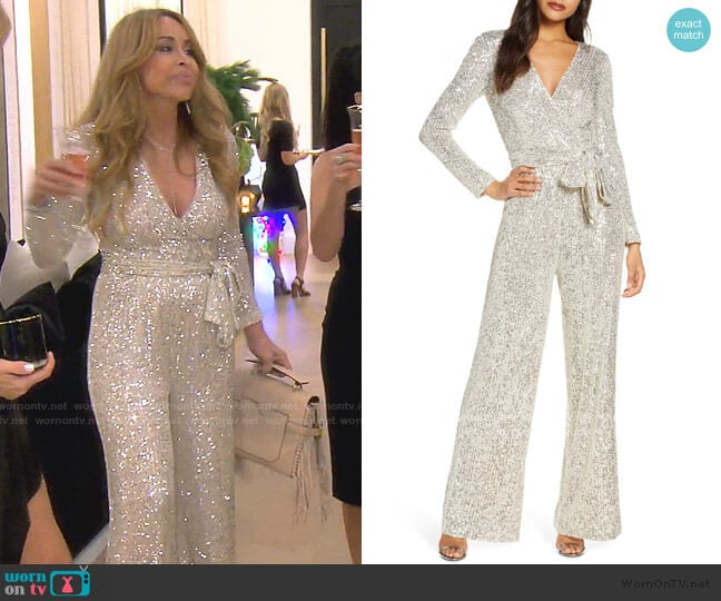 Sequin Wrap Front Long Sleeve Jumpsuit by Eliza J worn by Faye Resnick on RHOBH