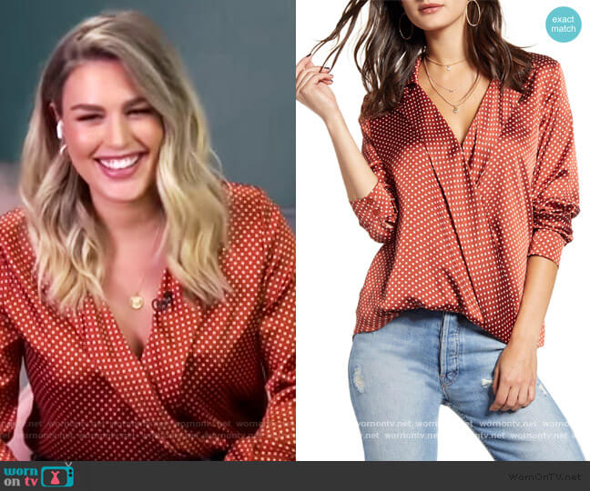 Polka Dot Satin Wrap Blouse by Endless Rose worn by Carissa Loethen Culiner on E! News