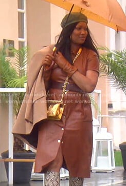 Garcelle's brown leather shirtdress on The Real Housewives of Beverly Hills