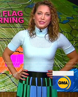 Ginger’s blue crochet knit top and geometric print skirt on Good Morning America