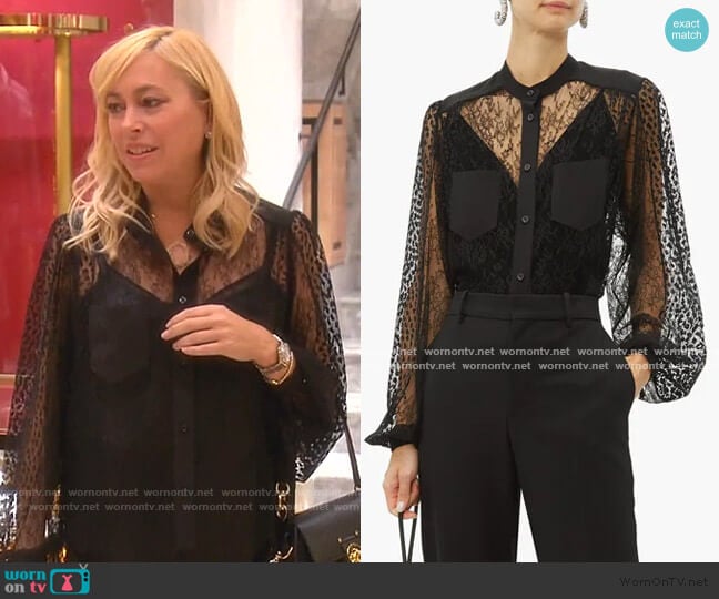 Floral-embroidered lace blouse by Givenchy worn by Sutton Stracke on The Real Housewives of Beverly Hills