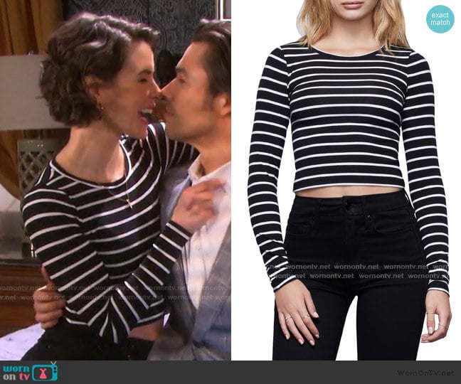 Stripe Crop Crewneck Top by Good American worn by Sarah Horton (Linsey Godfrey) on Days of our Lives