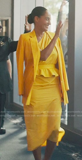 Grace’s yellow one-shoulder dress and jacket on The High Note