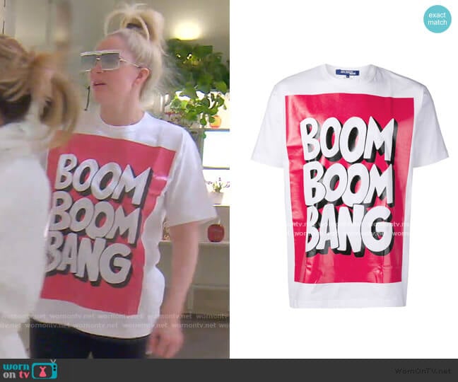 Boom Boom Bang T-Shirt by Junya Watanabe worn by Erika Jayne on The Real Housewives of Beverly Hills