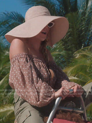 Leah’s brown polka dot off shoulder top on The Real Housewives of New York City