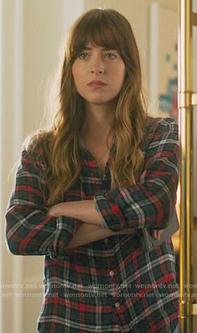 Maggie’s grey and red plaid shirt on The High Note