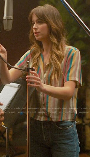 Maggie’s multi colored striped shirt on The High Note