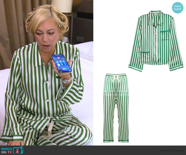 Ruthie Silk Stripe Pajama Top and Chantal trousers by Morgan Lane worn by Sutton Stracke on The Real Housewives of Beverly Hills