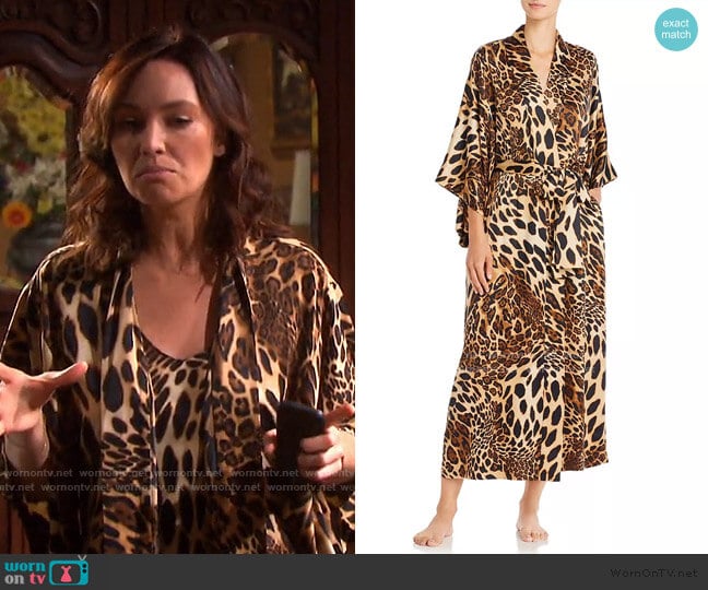 Long Leopard-Print Satin Robe by Natori worn by Gwen Rizczech (Emily O'Brien) on Days of our Lives