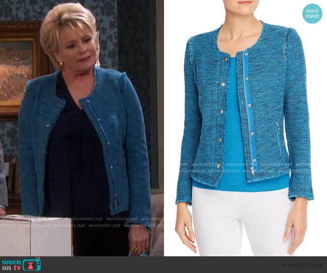 Fringe-Trimmed Marled Knit Sweater Jacket by Nic And Zoe worn by Bonnie Lockhart (Judi Evans) on Days of our Lives