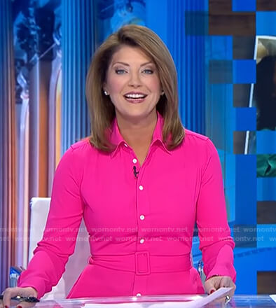 Norah’s pink belted shirtdress on CBS Evening News