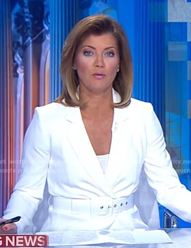 Norah's white belted blazer on CBS Evening News