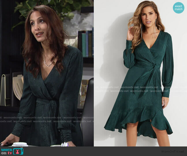 Raelana Snakeskin Surplice Dress by Guess worn by Lily Winters (Christel Khalil) on The Young and the Restless