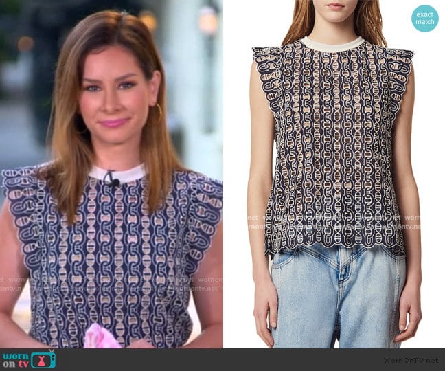 Gill Broderie Anglaise Blouse by Sandro worn by Rebecca Jarvis on Good Morning America