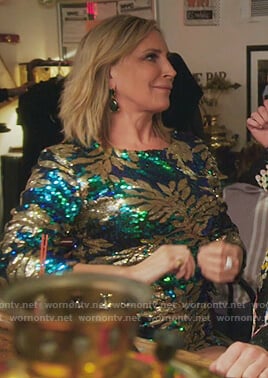 Sonja’s green leaf sequined dress on The Real Housewives of New York City
