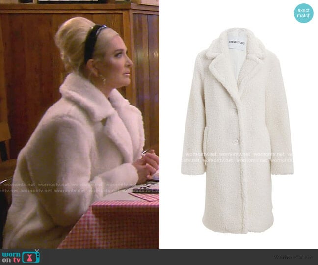 Lisen Faux Shearling Teddy Coat by Stand Studio worn by Erika Jayne on The Real Housewives of Beverly Hills