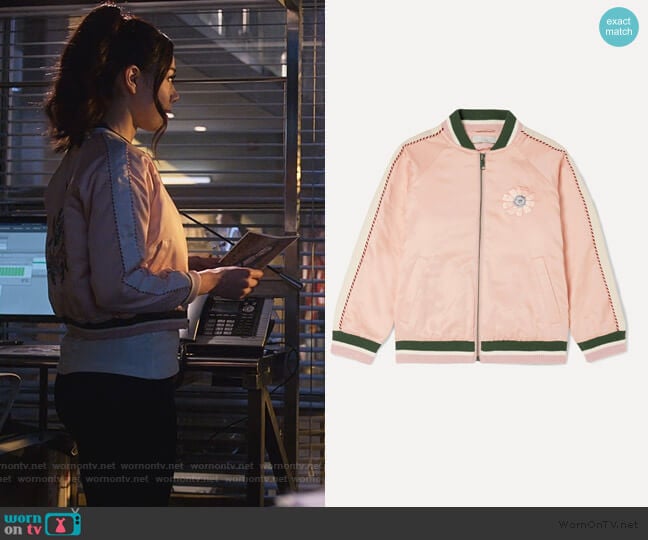 Floral-embroidered satin bomber jacket by Stella McCartney worn by Ella Lopez (Aimee Garcia) on Lucifer