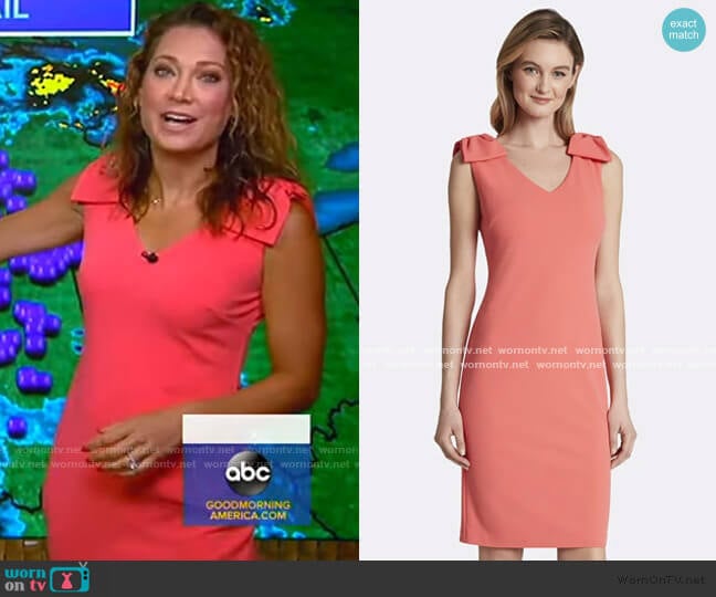 Crepe Bow-Shoulder Sheath Dress by Tahari ASL worn by Ginger Zee on Good Morning America