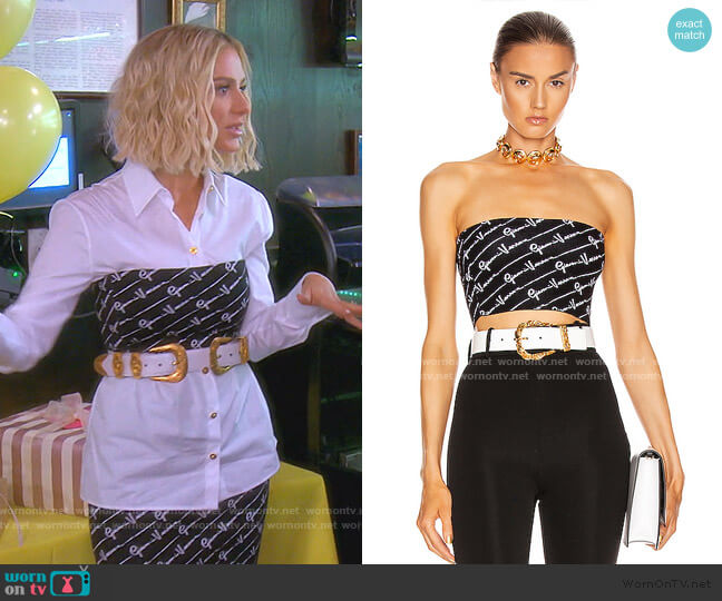 Text Print Strapless Crop Top by Versace worn by Dorit Kemsley  on The Real Housewives of Beverly Hills