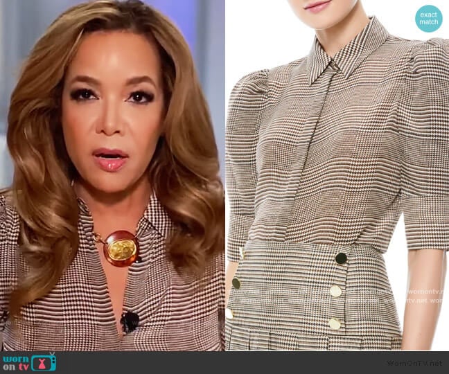 Will Prince Of Wales Check Puff-Sleeve Silk-Blend Blouse by Alice + Olivia worn by Sunny Hostin on The View