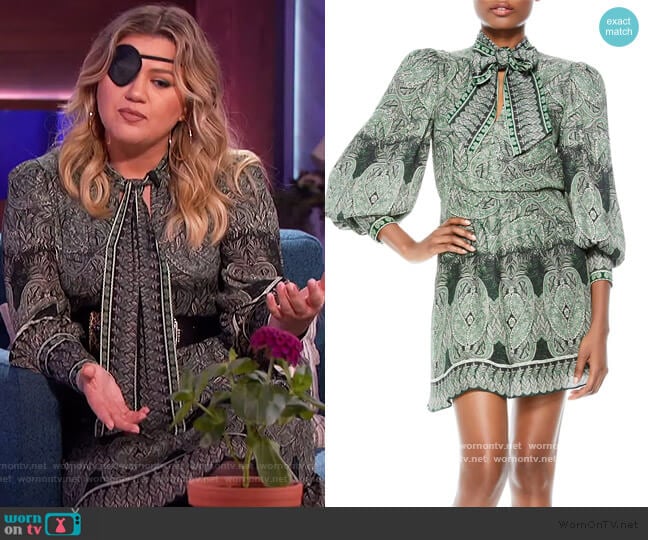 Tanisha Paisley Tie Neck Long Sleeve Dress by Alice + Olivia worn by Kelly Clarkson on The Kelly Clarkson Show