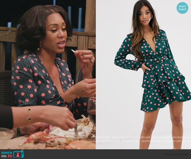 plunge front skater dress in contrast polka print by John Zack at Asos worn by Monique Samuels on The Real Housewives of Potomac