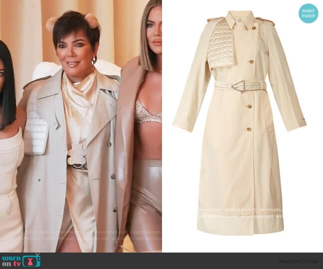 Contrast-panel belted trench coat by Bottega Veneta worn by Kris Jenner on Keeping Up with the Kardashians