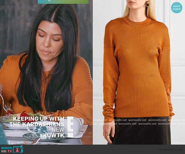 Paneled ribbed silk sweater by Bottega Veneta worn by Kourtney Kardashian on Keeping Up with the Kardashians