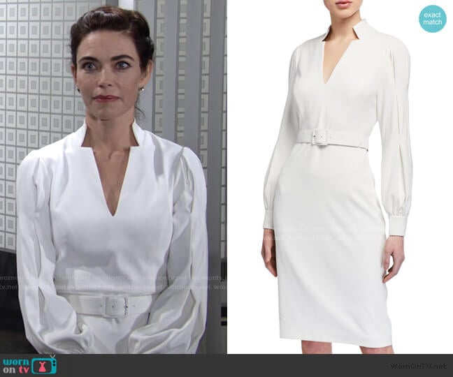  Poet Long-Sleeve Notch-Neck Belted Dress by Badgley Mischka Collection worn by Victoria Newman (Amelia Heinle) on The Young and the Restless