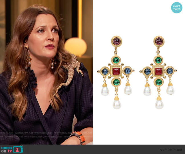 Cross & Pearly Dangle Earrings by Ben-Amun worn by Drew Barrymore on The Drew Barrymore Show