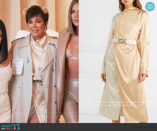 Two-Tone Draped Silk-Blend Midi Dress by Bottega Veneta worn by Kris Jenner on Keeping Up with the Kardashians