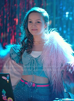 Carrie's blue cropped corset top and pink fur coat on Julie and the Phantoms