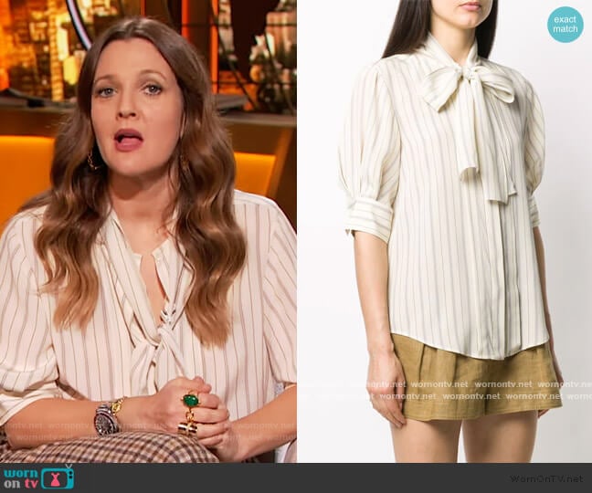 Striped Pussy-bow Blouse by Chloe worn by Drew Barrymore on The Drew Barrymore Show