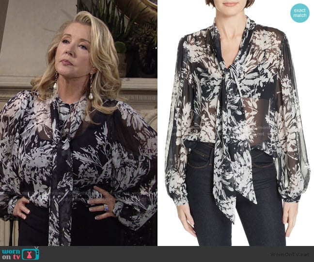 Cleone Tie Neck Sheer Floral Silk Blouse by Equipment worn by Nikki Reed Newman (Melody Thomas-Scott) on The Young and the Restless