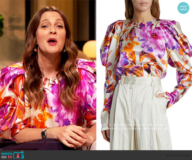 Coal Puff-Sleeve Floral Satin Top by Dries Van Noten worn by Drew Barrymore on The Drew Barrymore Show