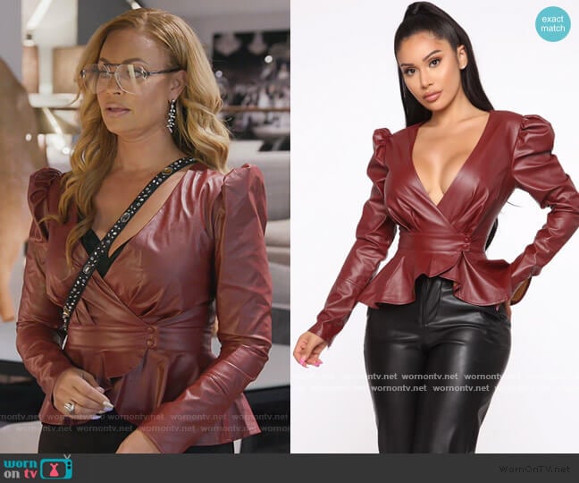 Girl In The City PU Leather Blouse by Fashion Nova worn by Gizelle Bryant on The Real Housewives of Potomac