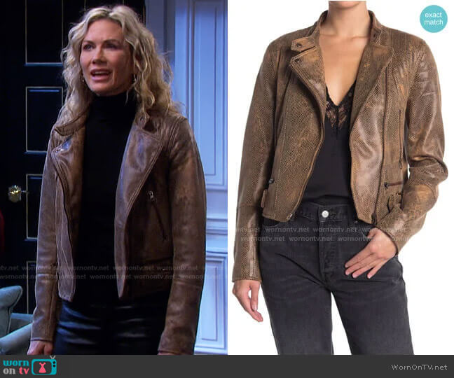 Fenix Snake Embossed Faux Leather Moto Jacket by Free People worn by Kristen DiMera (Stacy Haiduk) on Days of our Lives