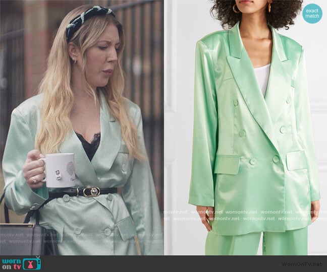 Karen double-breasted satin blazer and pants by Frankie Shop worn by Katherine (Katherine Ryan) on The Duchess