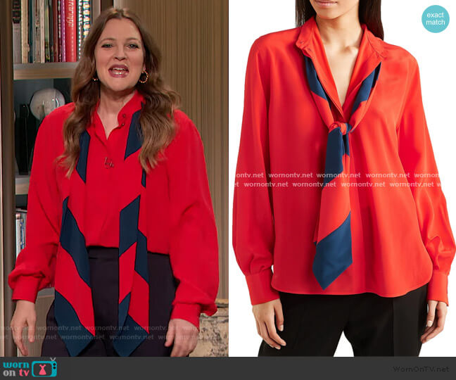 Pussy-bow silk crepe de chine blouse by Givenchy worn by Drew Barrymore on The Drew Barrymore Show