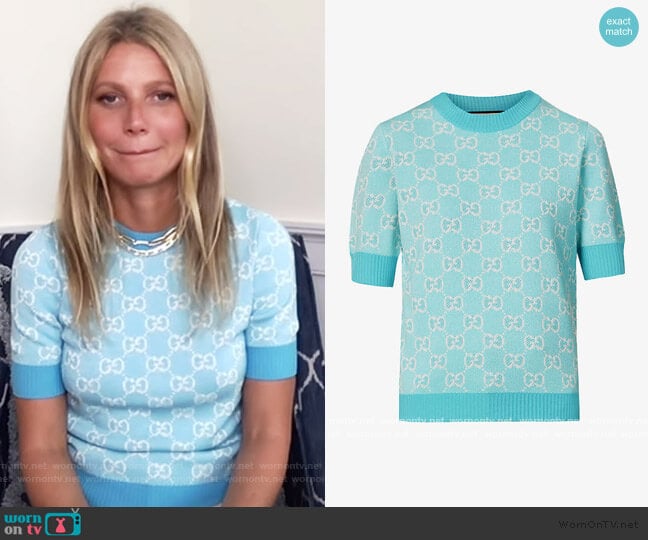 Monogrammed wool and cotton-blend knitted top by Gucci worn by Gwyneth Paltrow on The Drew Barrymore Show