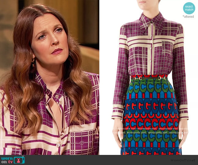 Silk Twill Rope Print Shirt by Gucci worn by Drew Barrymore on The Drew Barrymore Show