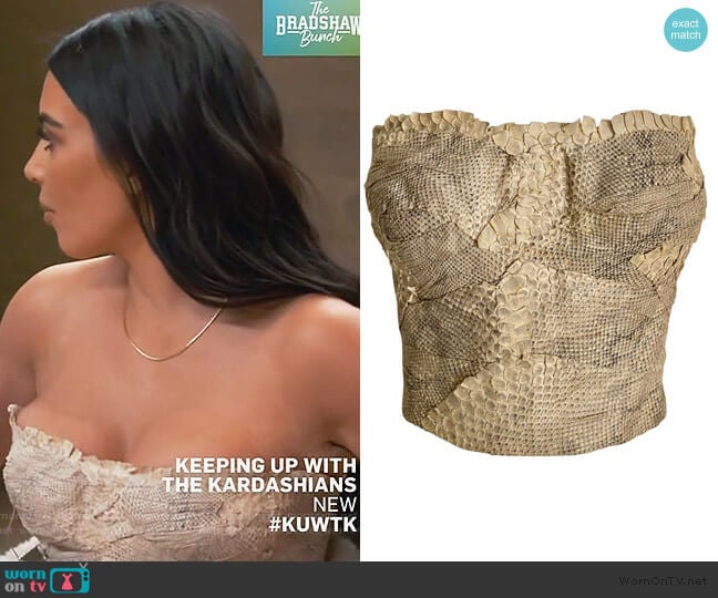 Snakeskin Bustier Top by John Galliano worn by Kim Kardashian on Keeping Up with the Kardashians