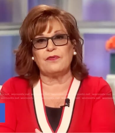 Joy’s red contrast trim cardigan on The View