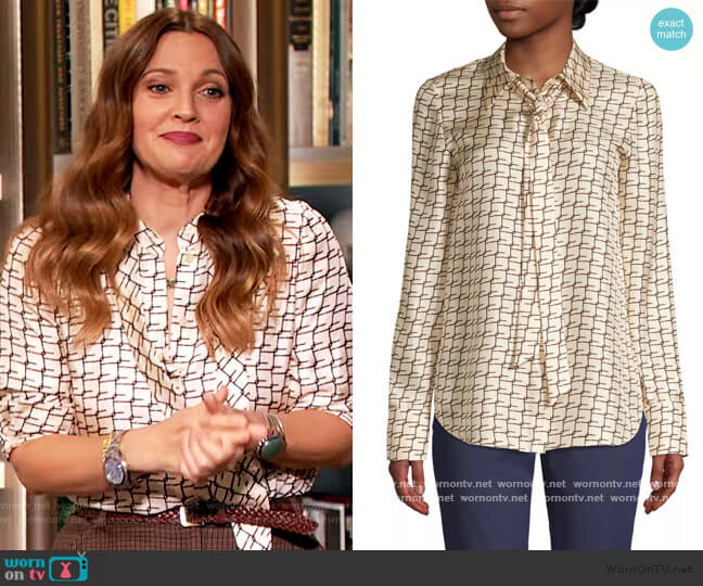 Diana Tie-Neck Silk Blouse by Lafayatte 148 worn by Drew Barrymore on The Drew Barrymore Show