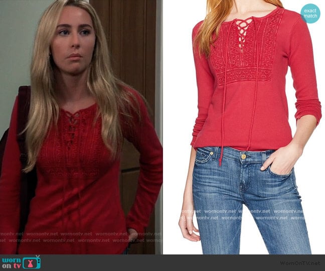 Crochet Lace Up Thermal Knit Top by Lucky Brand worn by Josslyn Jacks (Eden McCoy) on General Hospital