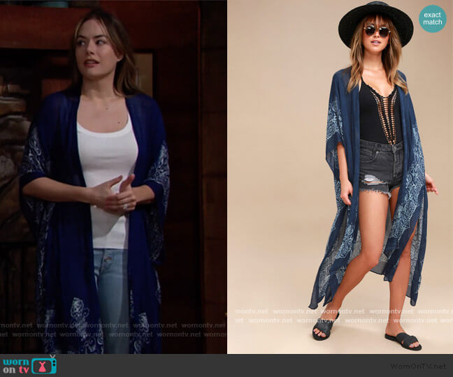 Exotic Sol Mint and Navy Blue Print Kimono by Lulus worn by Hope Logan (Annika Noelle) on The Bold & the Beautiful