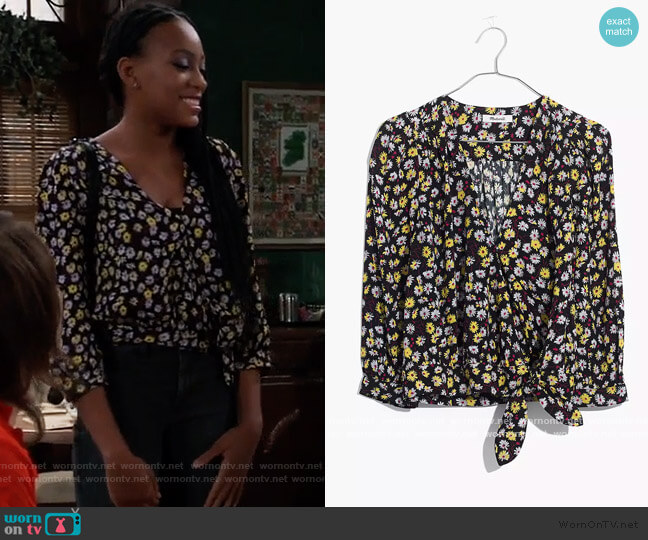 Wrap Top in French Floral by Madewell worn by Trina (Sydney Mikayla) on General Hospital