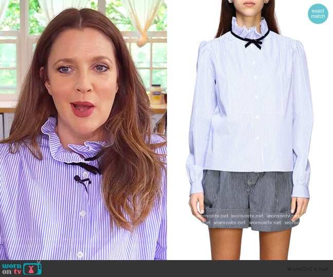 striped shirt with rouches collar and bow by Miu Miu worn by Drew Barrymore on The Drew Barrymore Show