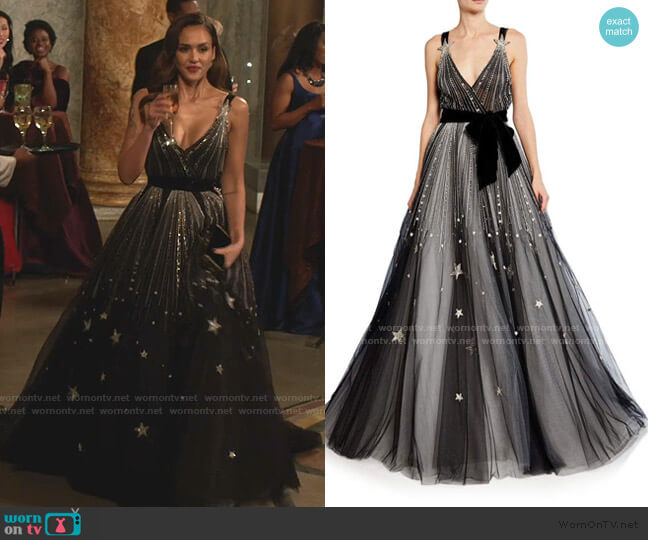 Star-Embroidered V-Neck Ball Gown by Monique Lhuillier worn by Nancy McKenna (Jessica Alba) on LA's Finest